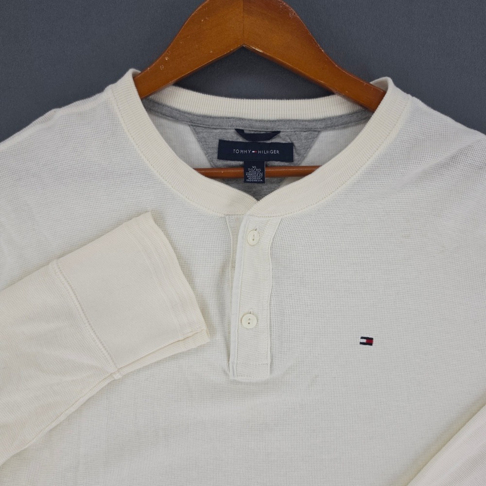 Tommy Hilfiger Mens XL Cream Waffle Knit Henley Long Sleeve Thermal Shirt